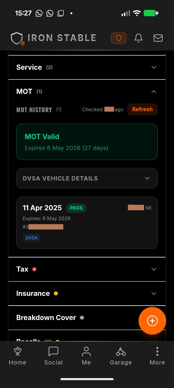 MOT history detail showing status, expiry and past test results