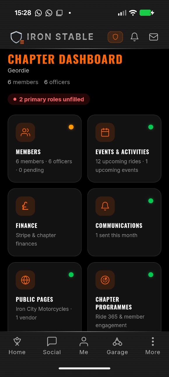 Chapter management dashboard with officer toolset tiles
